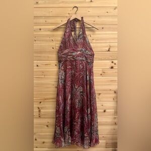 Suzi Chin Medium Shimmery Blue Wine Paisley Halter Silk Dress Whimsigoth Boho